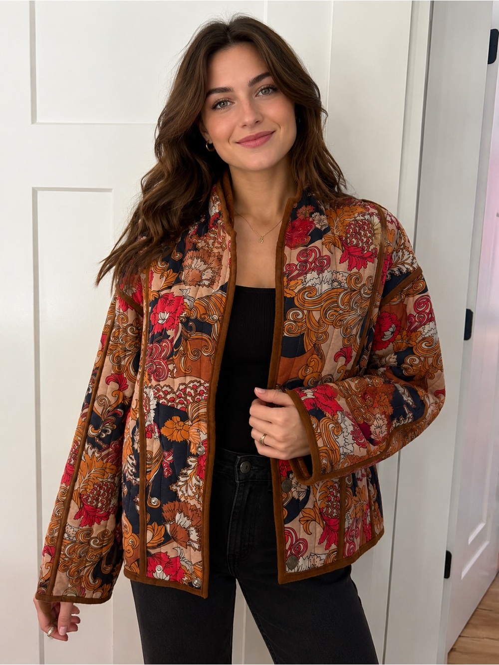 MOTHER Quilted Floral Bomber Jacket - Brown, Black & Red